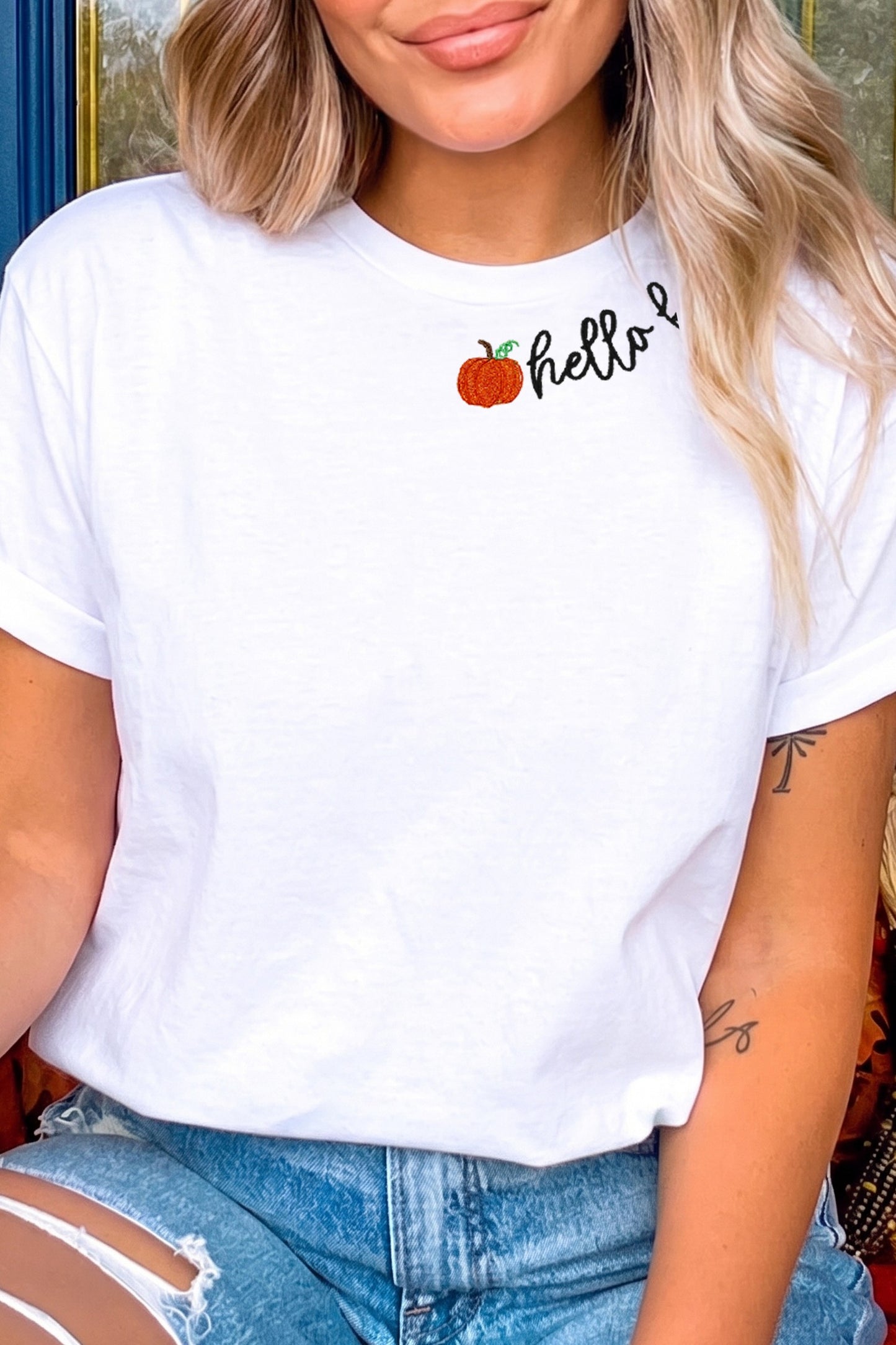 hello fall Embroidered Tee