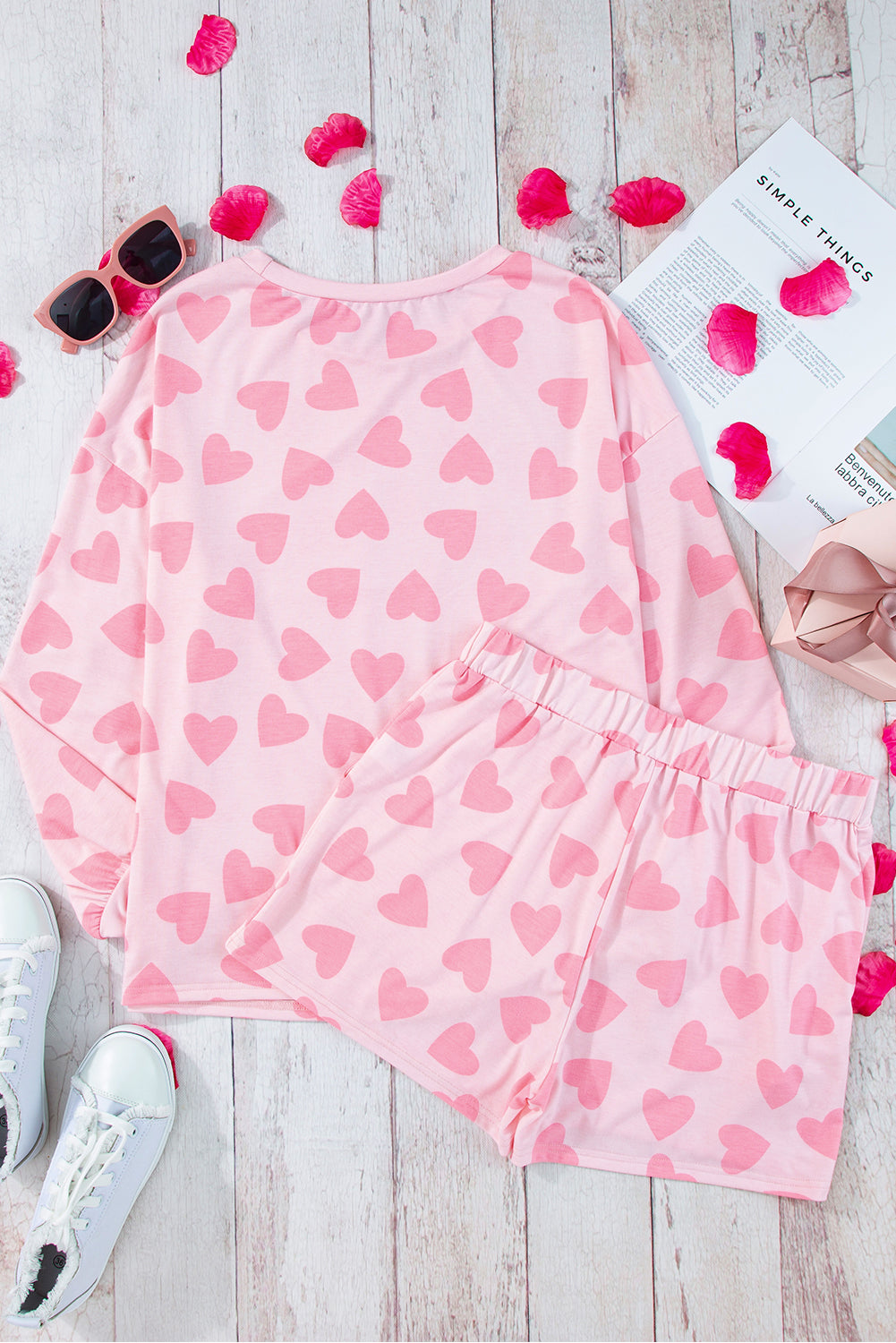 Heart Print Long Shorts Loungewear Set