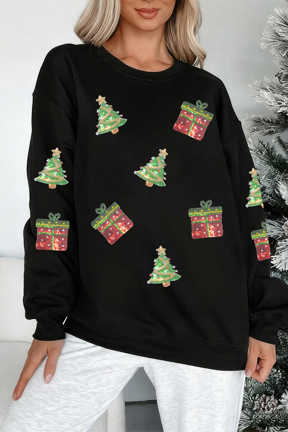 Black Sequin Christmas Trees & Gifts Sweatshirt