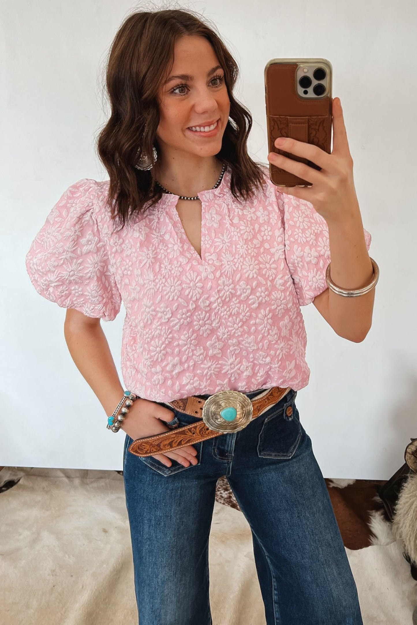 Textured Jacquard Puff Sleeve Blouse