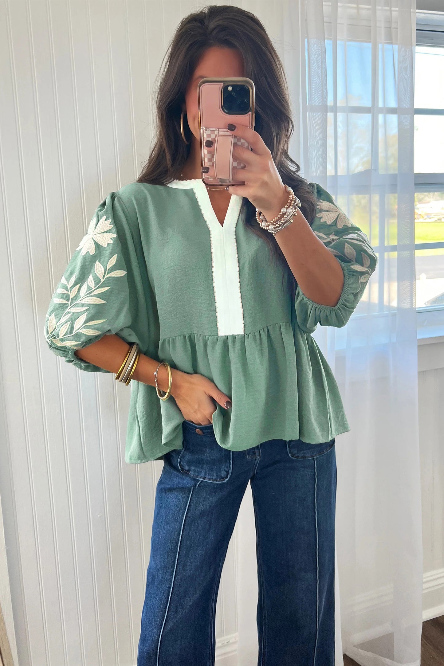 Embroidered Puff Sleeve Blouse