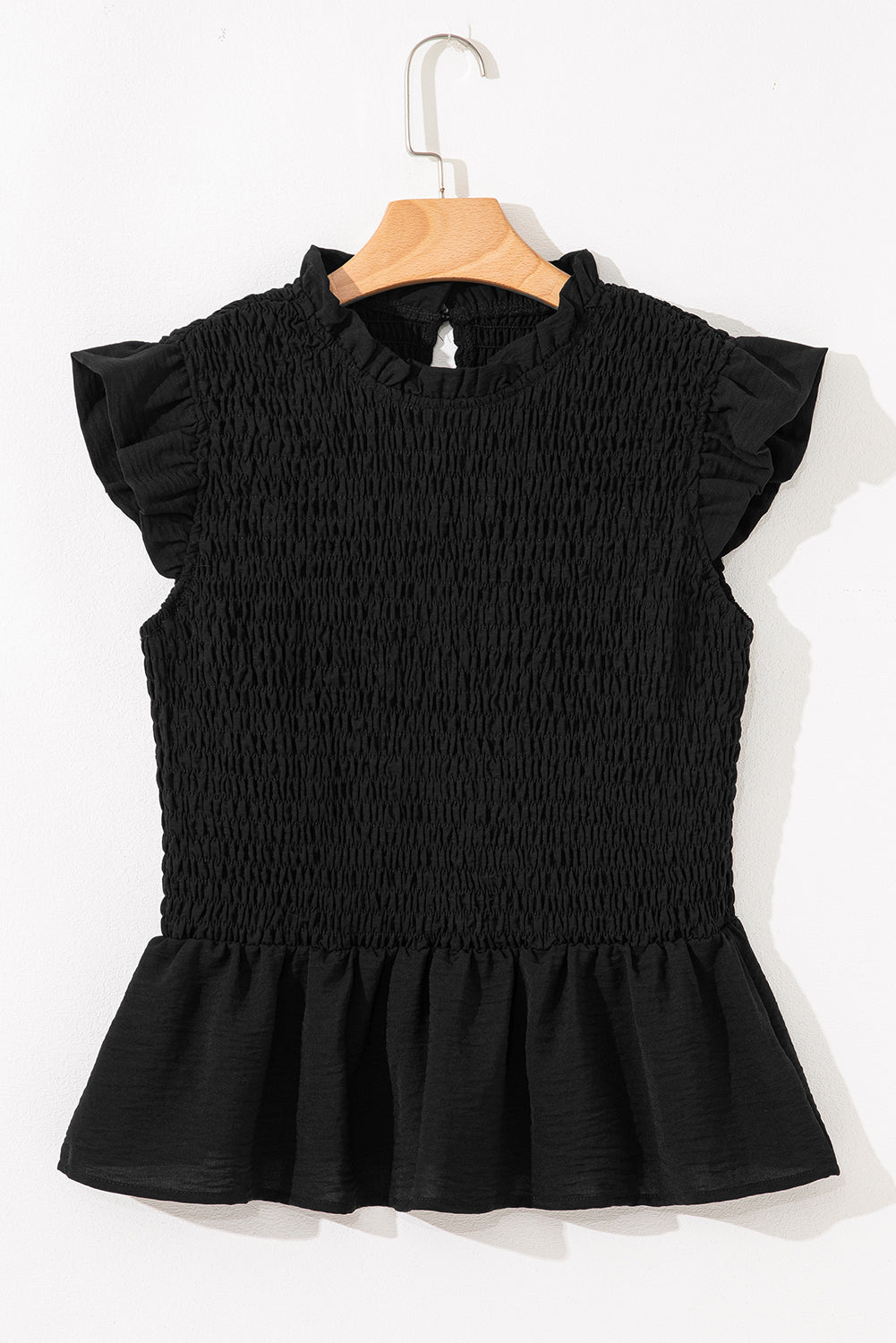Black Ruffle Short Sleeve Shirred Top