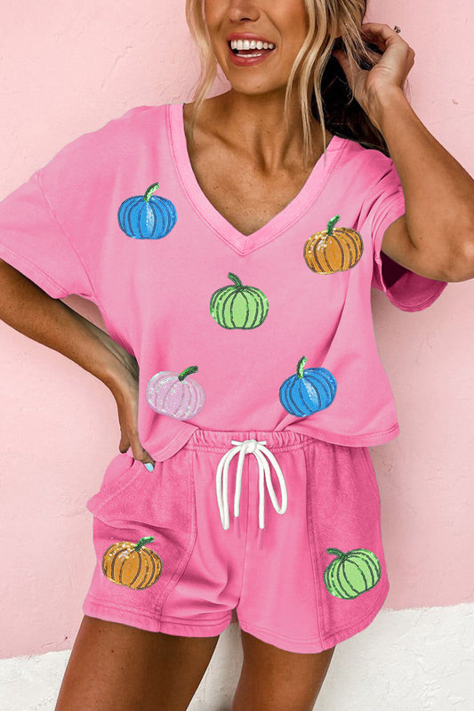 Sequin Halloween Pumpkin Drawstring Shorts Set