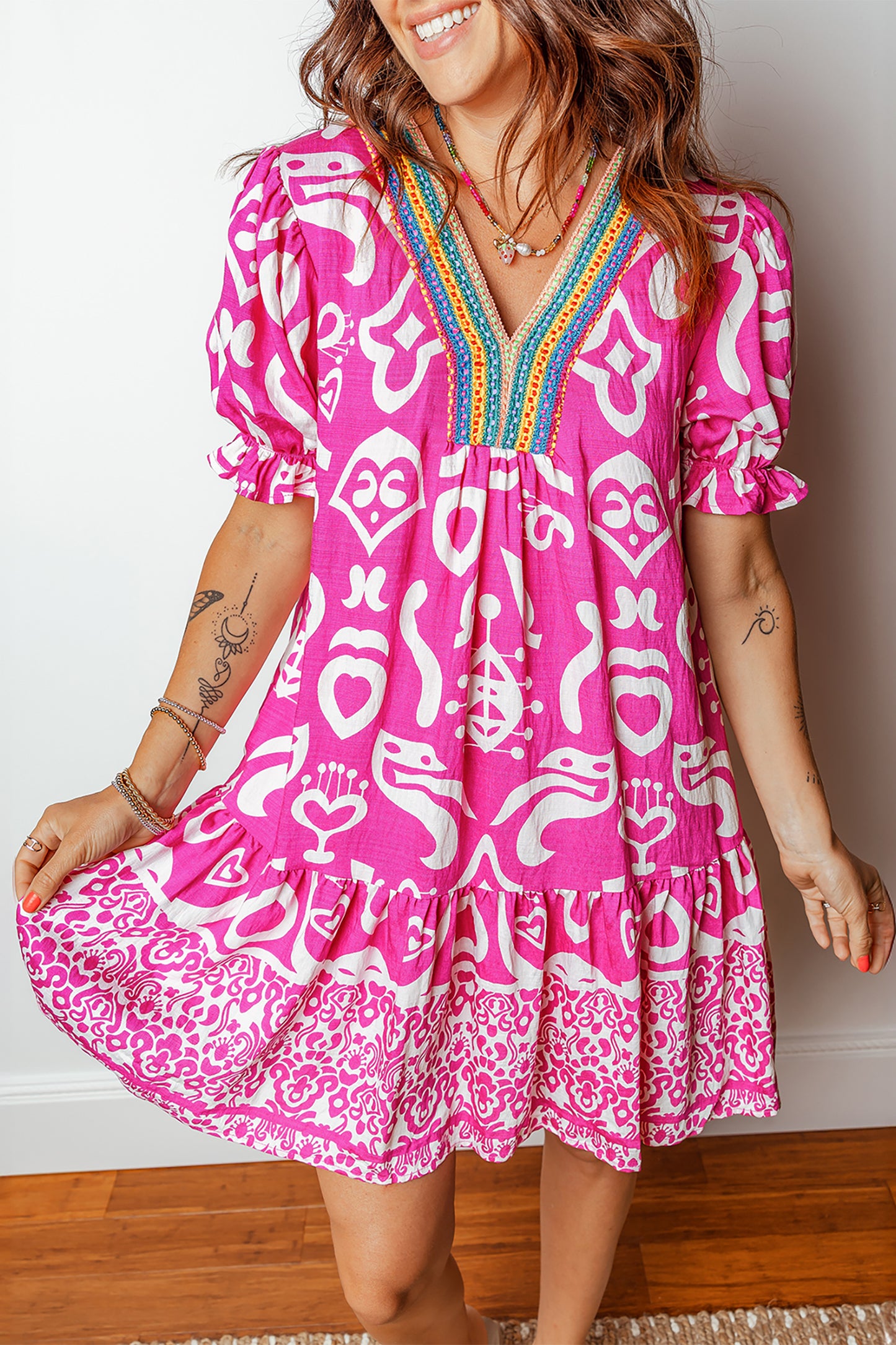 Pink Boho Short Sleeve Flared Dress