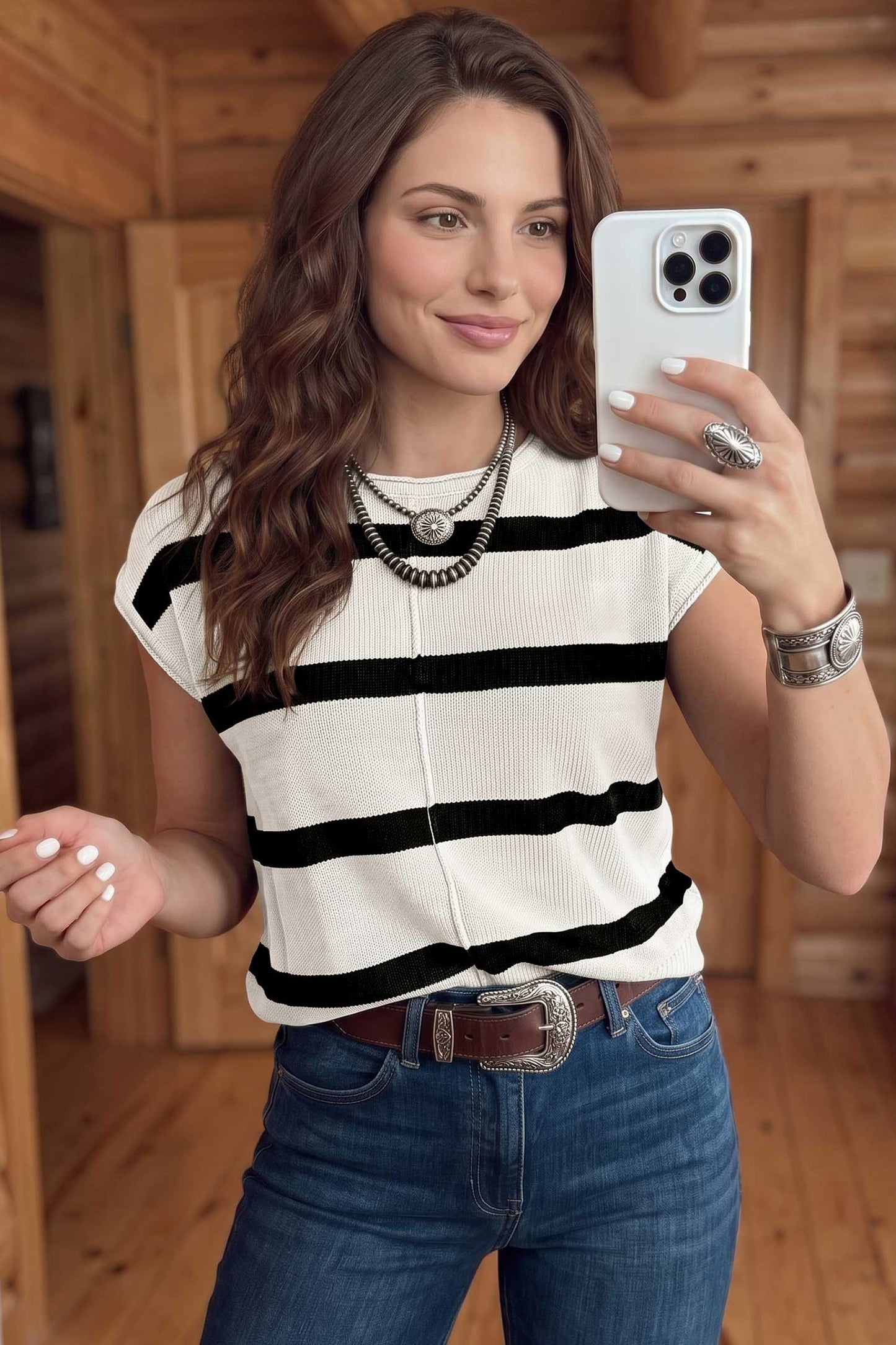 Western Stripe Short Sleeve Sweater