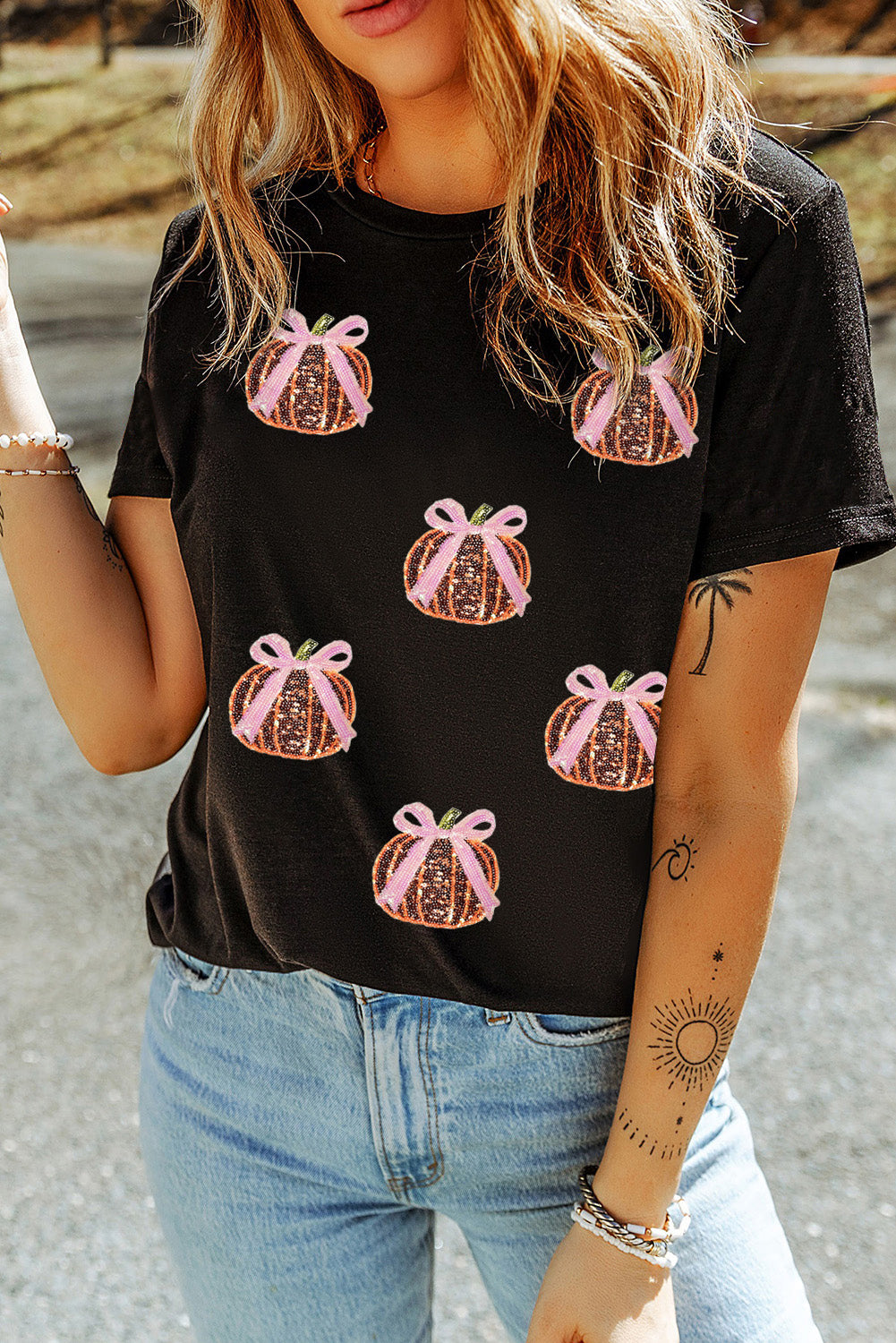 Black Sequin Bow & Pumpkin T Shirt
